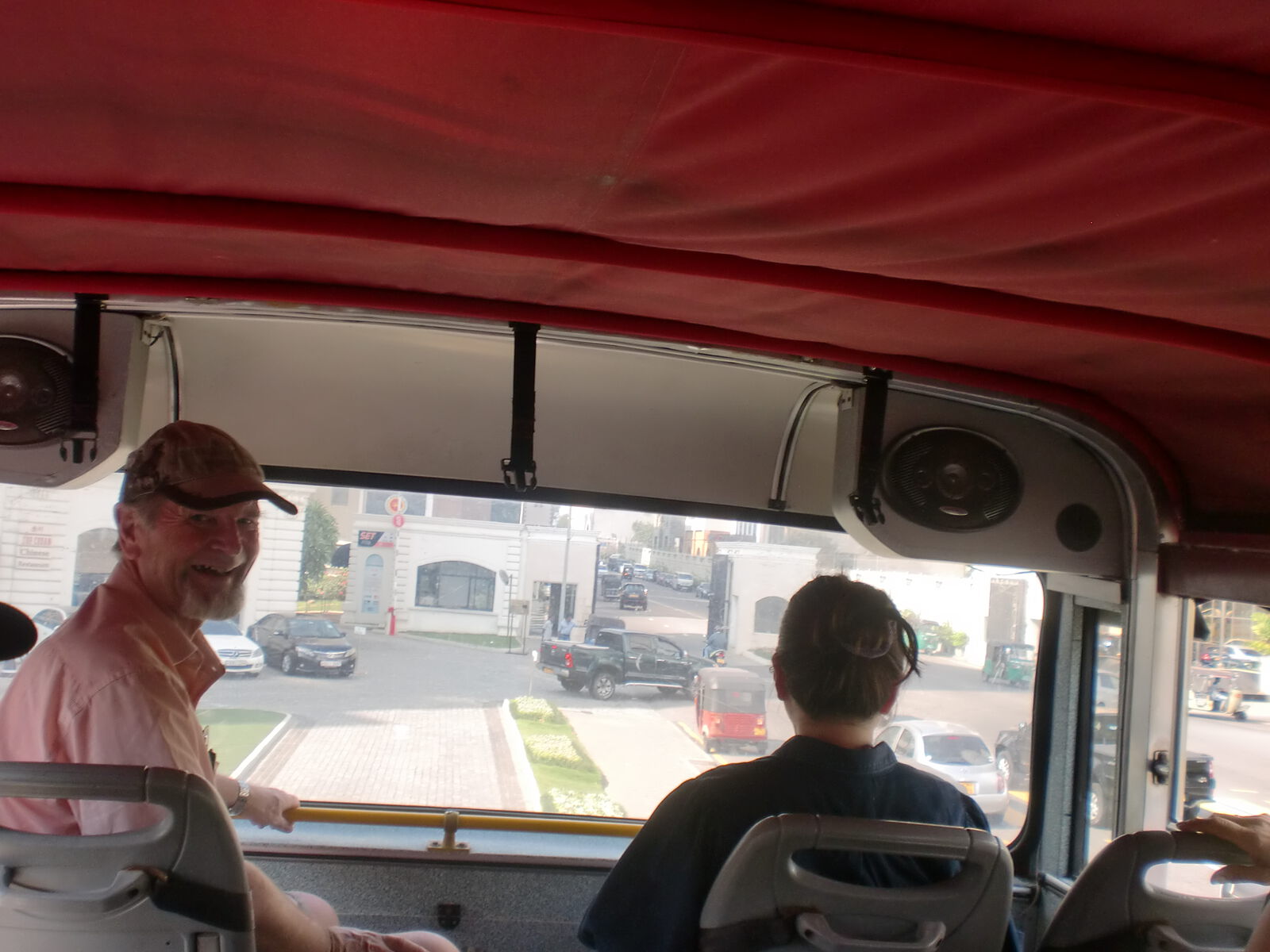 Looking out from the front of the tour bus